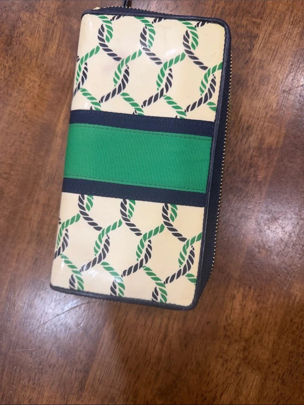 Tory Burch Cream Rope-Print Zip Wallet with Green Stripe and Gold Logo